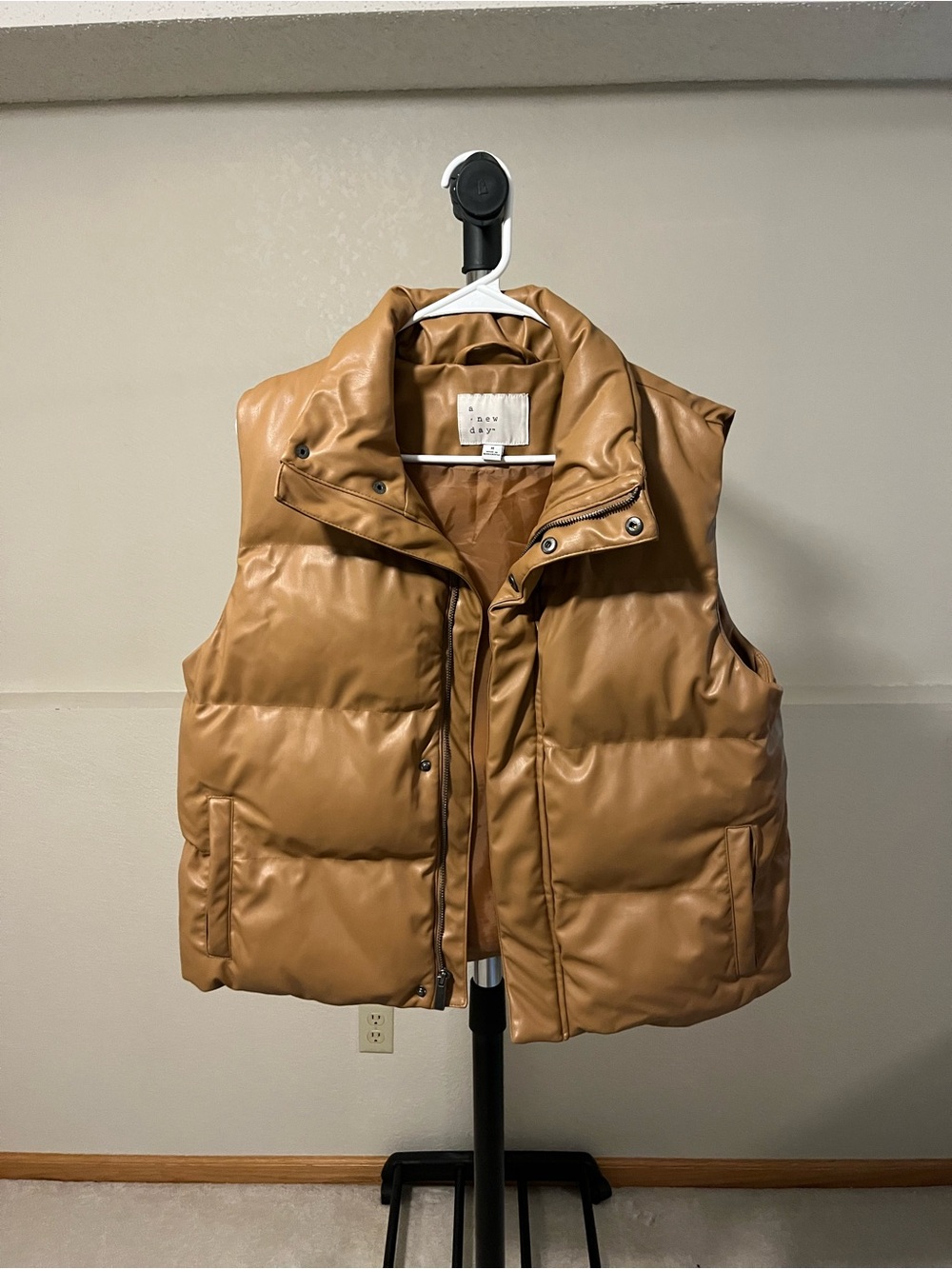 Tan Faux Leather Puffer Vest